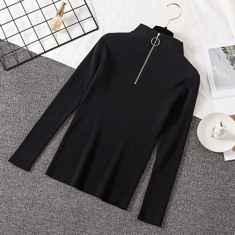 2019 Autumn Winter Women Knitted Sweaters Pullovers Turtleneck Long Sleeve Solid Color Slim Elastic Zipper Female Sweater Top