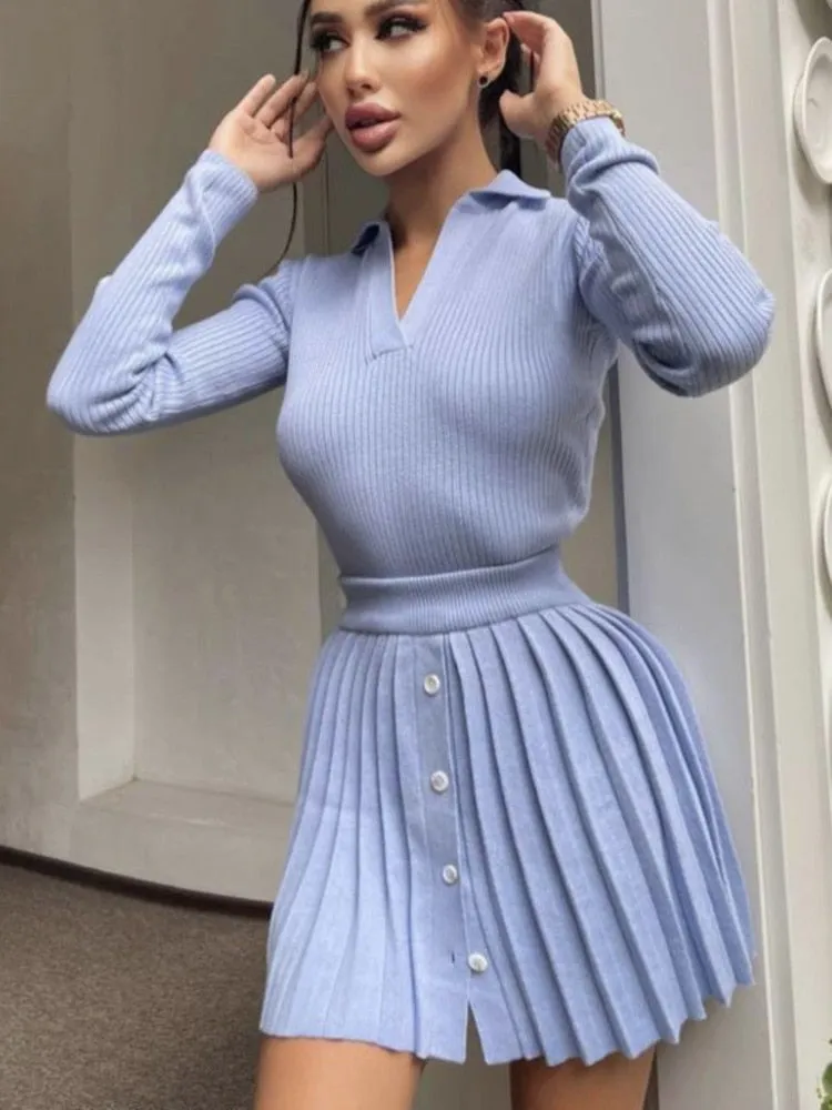 Amozae-- Women's Knitted Two Piece Set For Women Autumn Turn-Down Collar Long Sleeve Sweater Pleated Skirt Suit Casual Knitwear