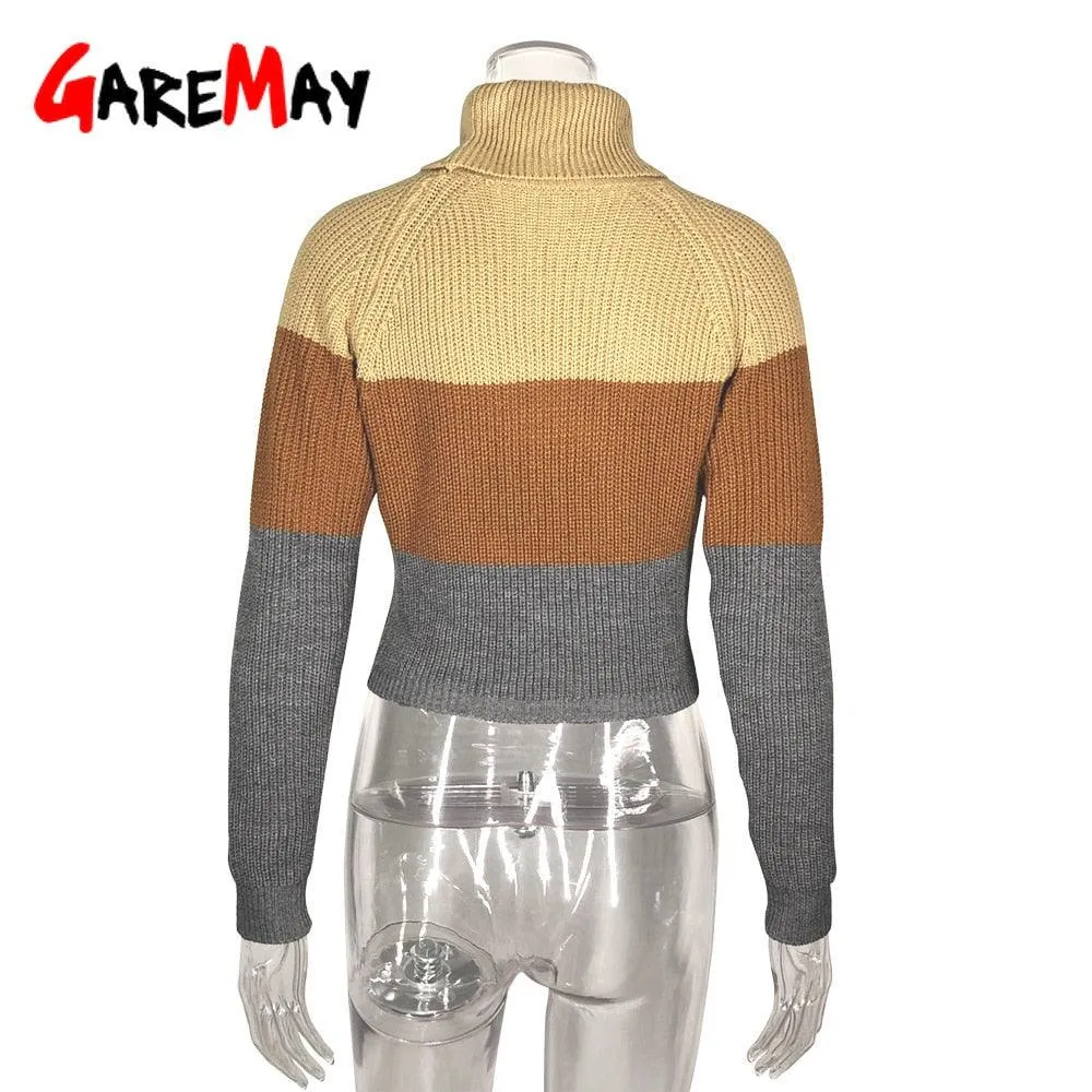 Beautiful Khaki Crop Sweater - Turtleneck Female Cotton Knitted Striped Sweaters - Long Sleeve Autumn Winter Warm Sweaters (TB8C)(F23)