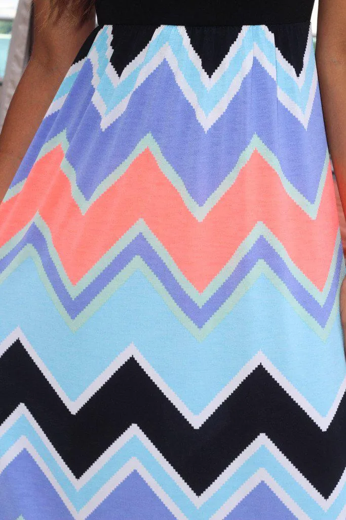 Black and Neon Coral Chevron Maxi Dress