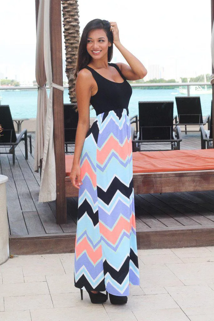 Black and Neon Coral Chevron Maxi Dress