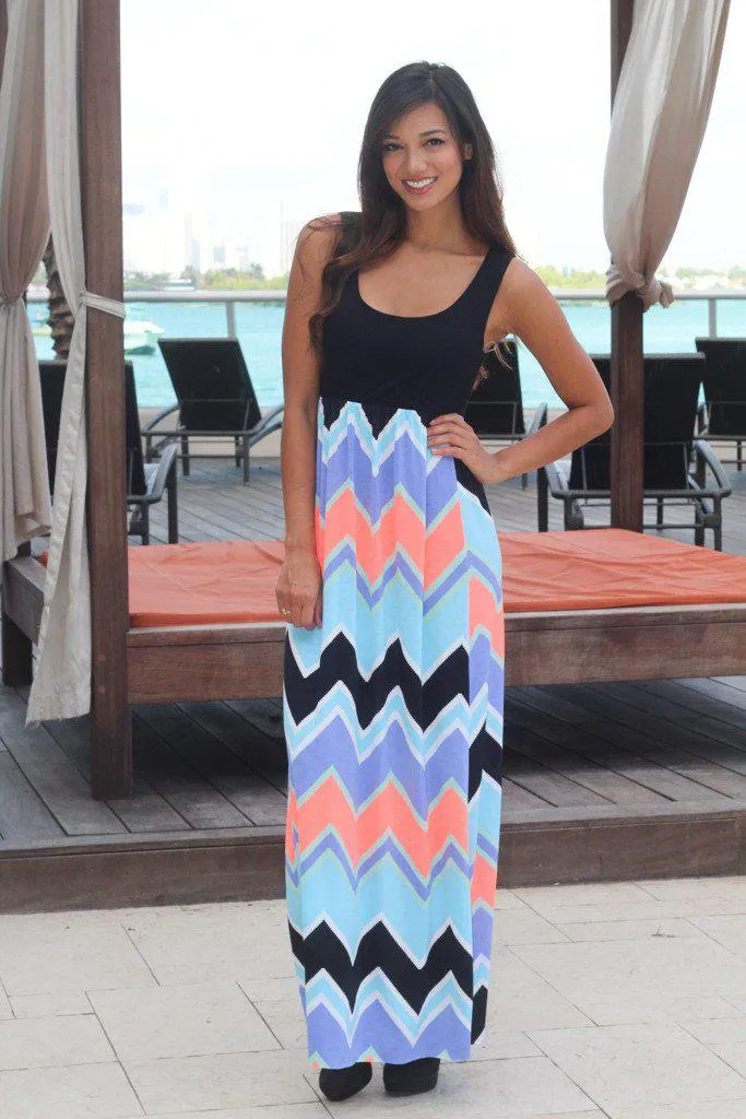 Black and Neon Coral Chevron Maxi Dress