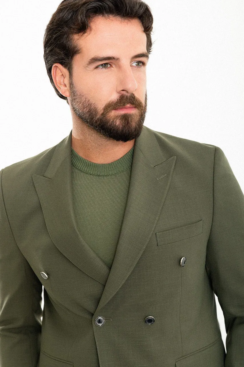 Bojoni Torretta Slim Fit Khaki Double Breasted Blazer