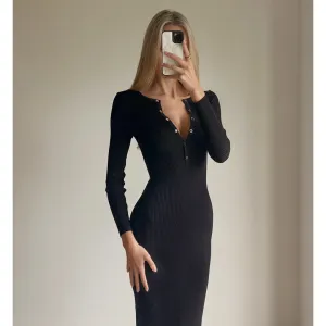 BRENA Black Long Sleeve Bodycon Knit Midi Dress