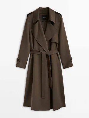 Brown trench-effect wool coat