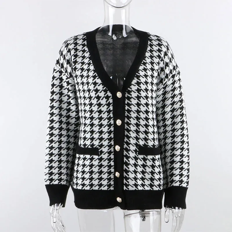 Classic Houndstooth Pattern Knitted Long Sleeve Cardigan Sweaters