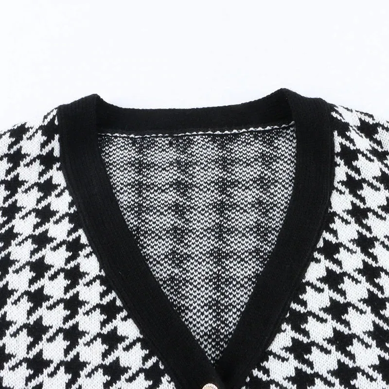 Classic Houndstooth Pattern Knitted Long Sleeve Cardigan Sweaters