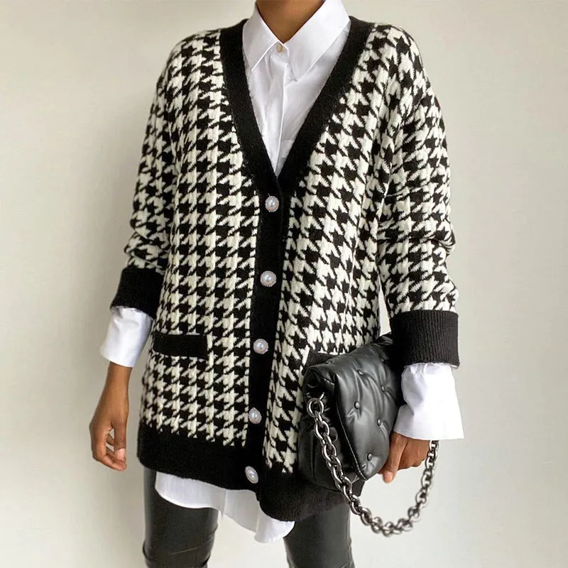 Classic Houndstooth Pattern Knitted Long Sleeve Cardigan Sweaters