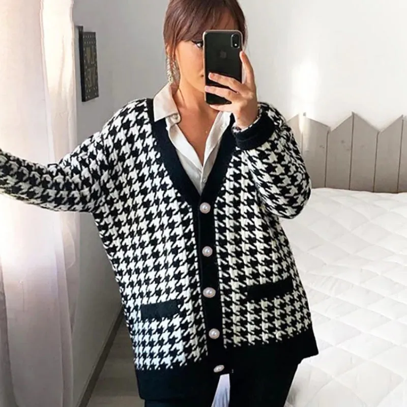 Classic Houndstooth Pattern Knitted Long Sleeve Cardigan Sweaters