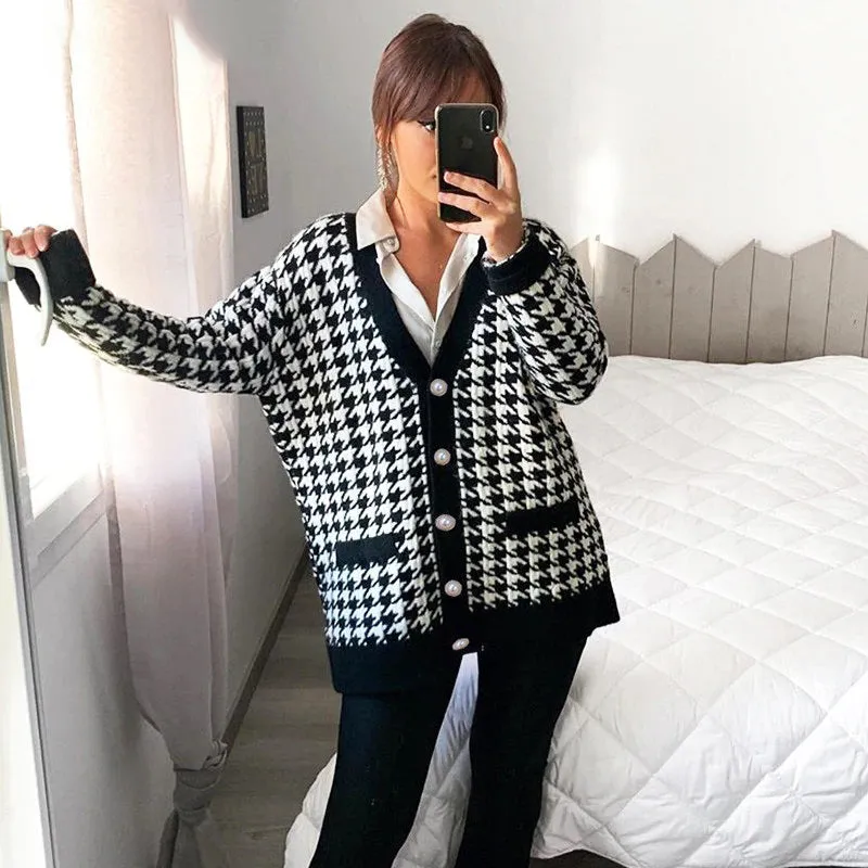 Classic Houndstooth Pattern Knitted Long Sleeve Cardigan Sweaters