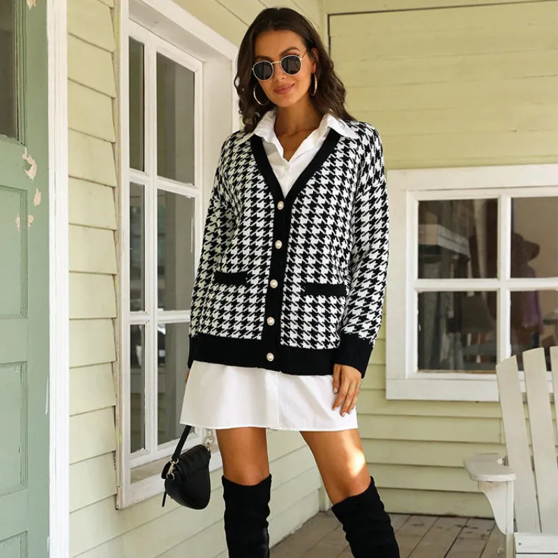 Classic Houndstooth Pattern Knitted Long Sleeve Cardigan Sweaters