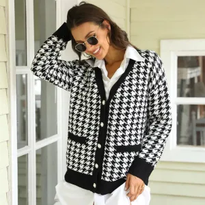 Classic Houndstooth Pattern Knitted Long Sleeve Cardigan Sweaters