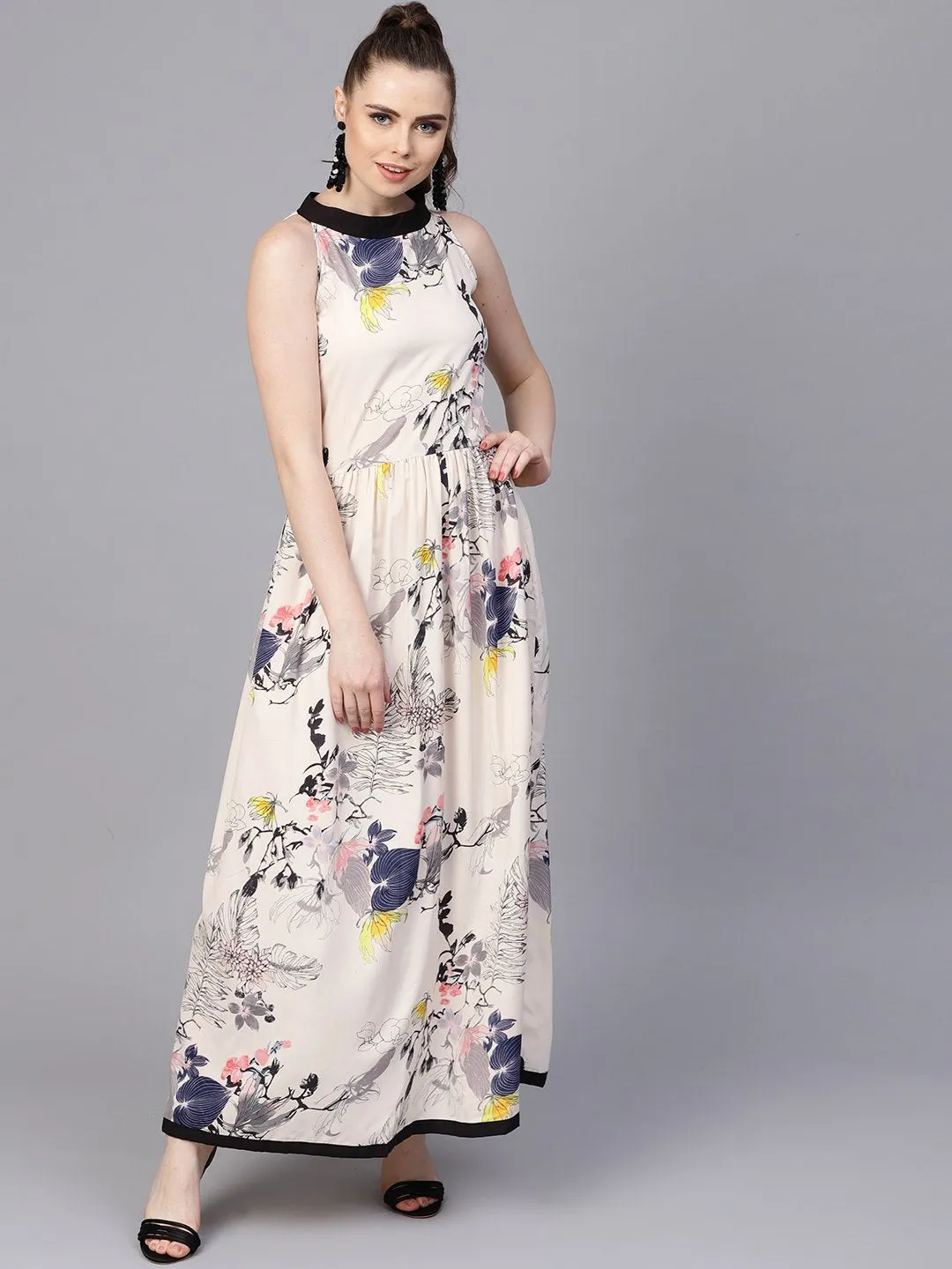 Cream Floral sleeveless printed Maxi Dress