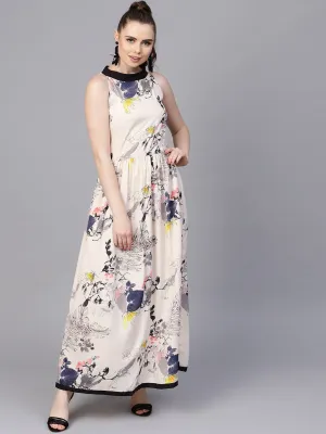 Cream Floral sleeveless printed Maxi Dress