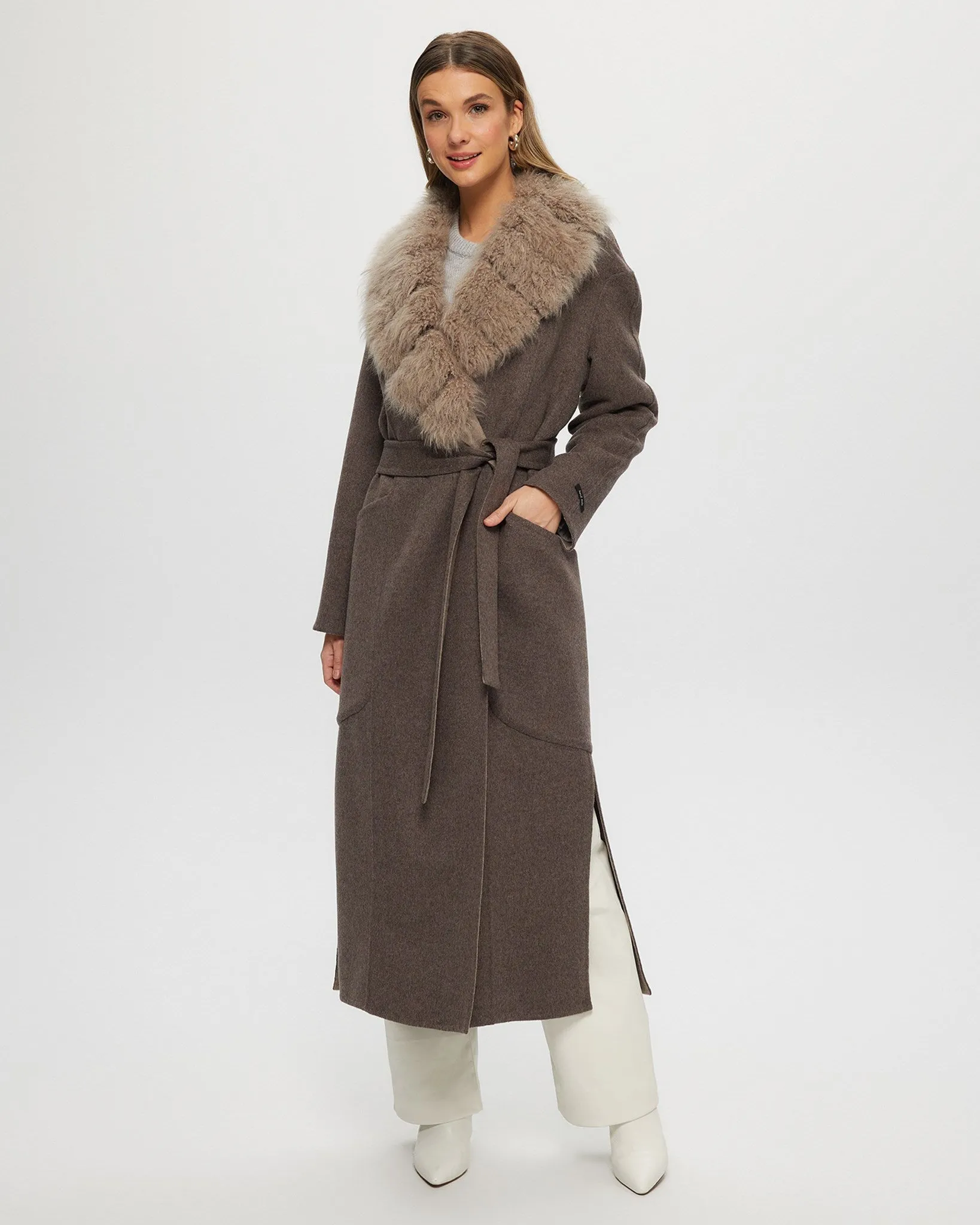 Double Face Loro Piana Cashmere & Wool Coat with Det. Select Cashmere Goat Collar, Belt