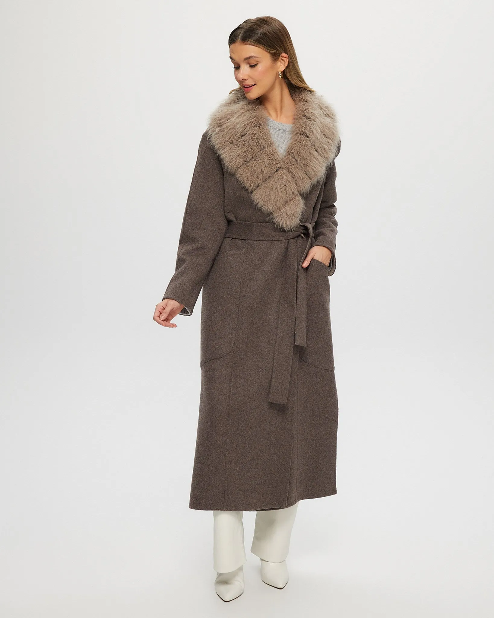 Double Face Loro Piana Cashmere & Wool Coat with Det. Select Cashmere Goat Collar, Belt