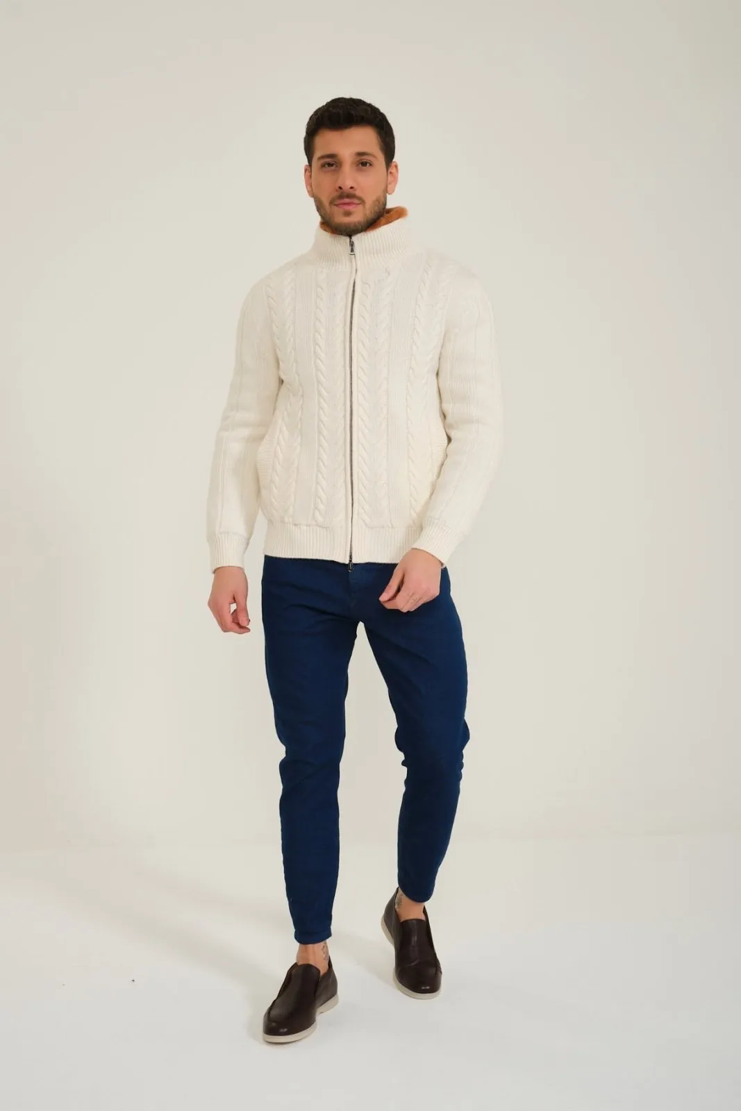 Ecru Wool & Rex Fur Knit Jacket