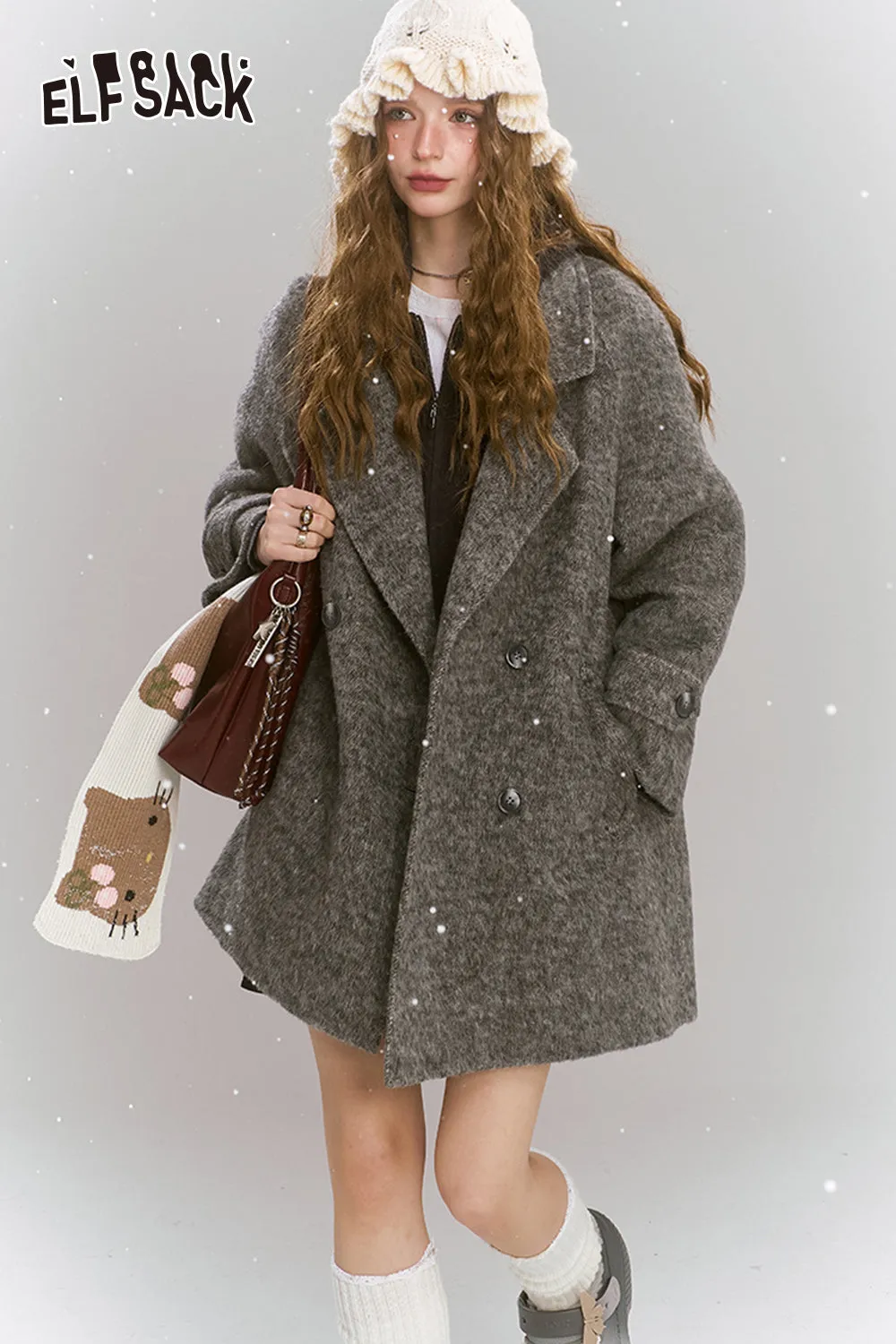 ELFSACK 2024 Winter New Arrivals Medium to long woolen coat, loose, lazy, sweet and women's coat