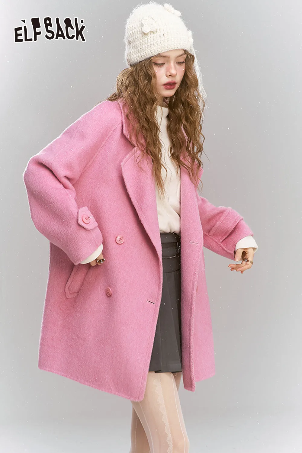 ELFSACK 2024 Winter New Arrivals Medium to long woolen coat, loose, lazy, sweet and women's coat