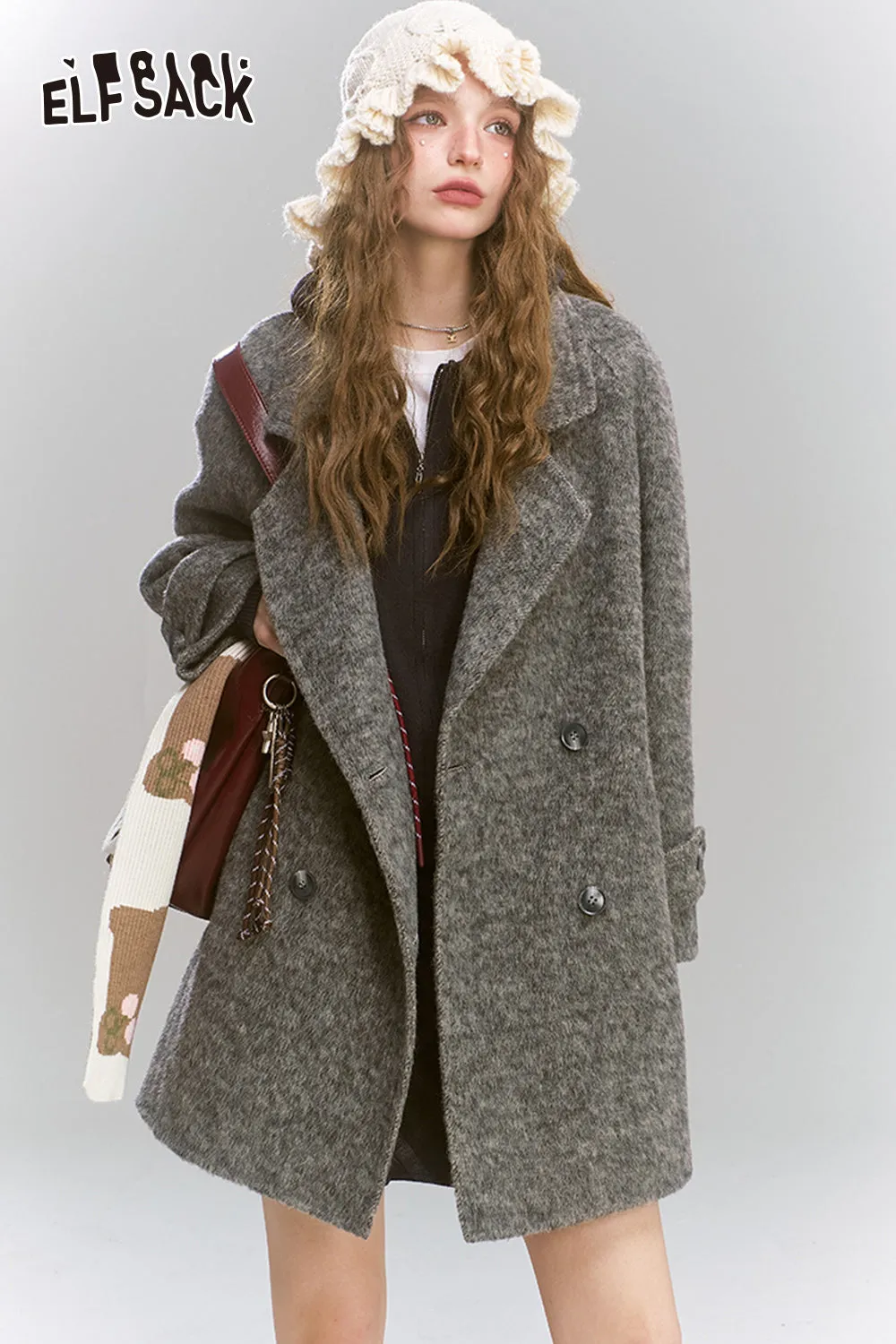 ELFSACK 2024 Winter New Arrivals Medium to long woolen coat, loose, lazy, sweet and women's coat