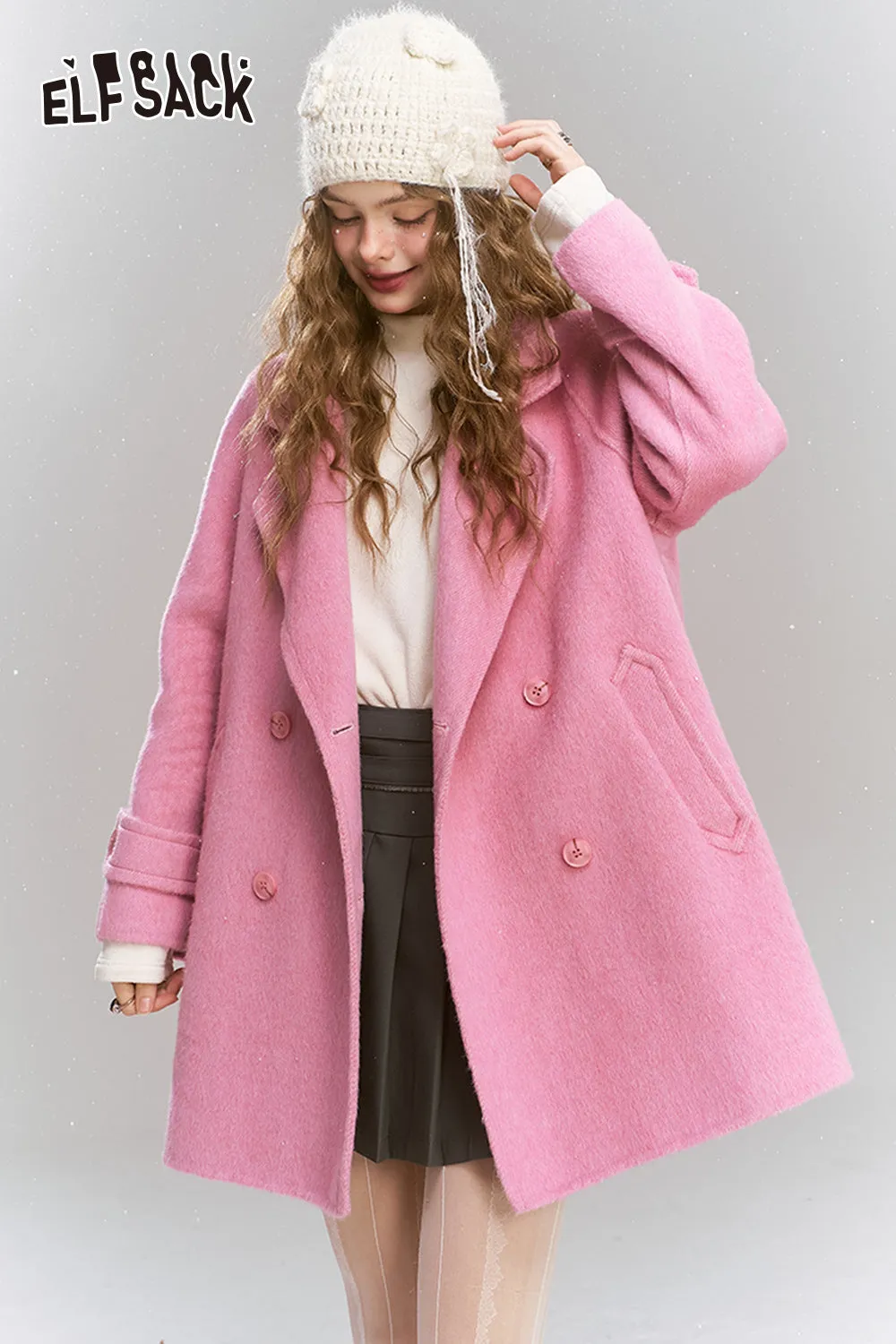 ELFSACK 2024 Winter New Arrivals Medium to long woolen coat, loose, lazy, sweet and women's coat