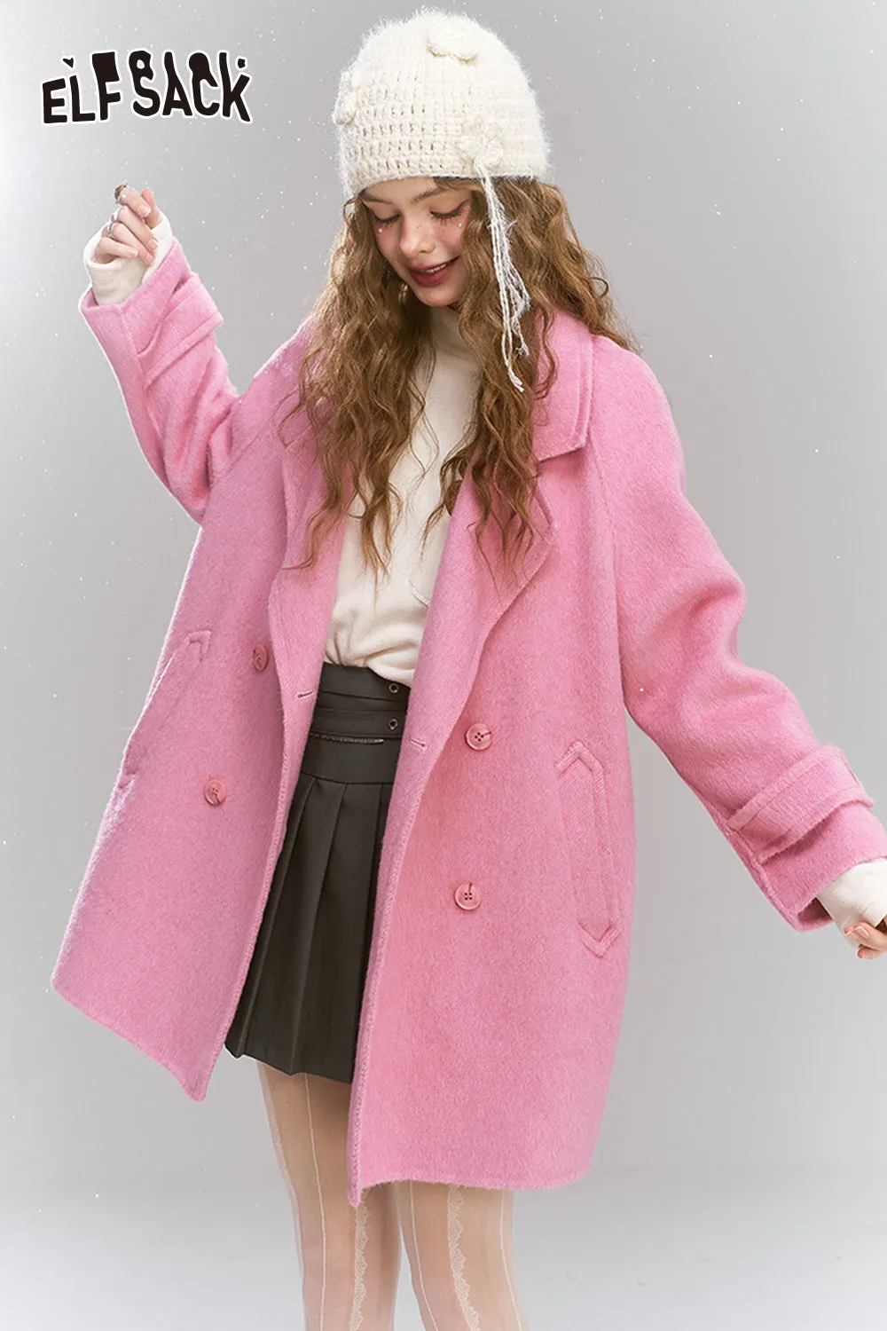 ELFSACK 2024 Winter New Arrivals Medium to long woolen coat, loose, lazy, sweet and women's coat