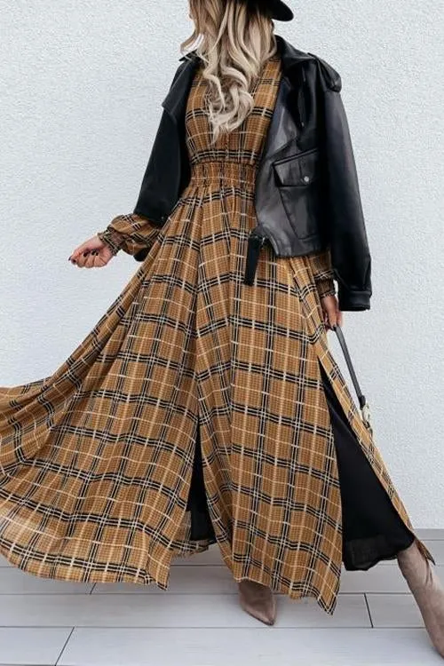 Emprie Waist Plaid Long Sleeve  Maxi Dress