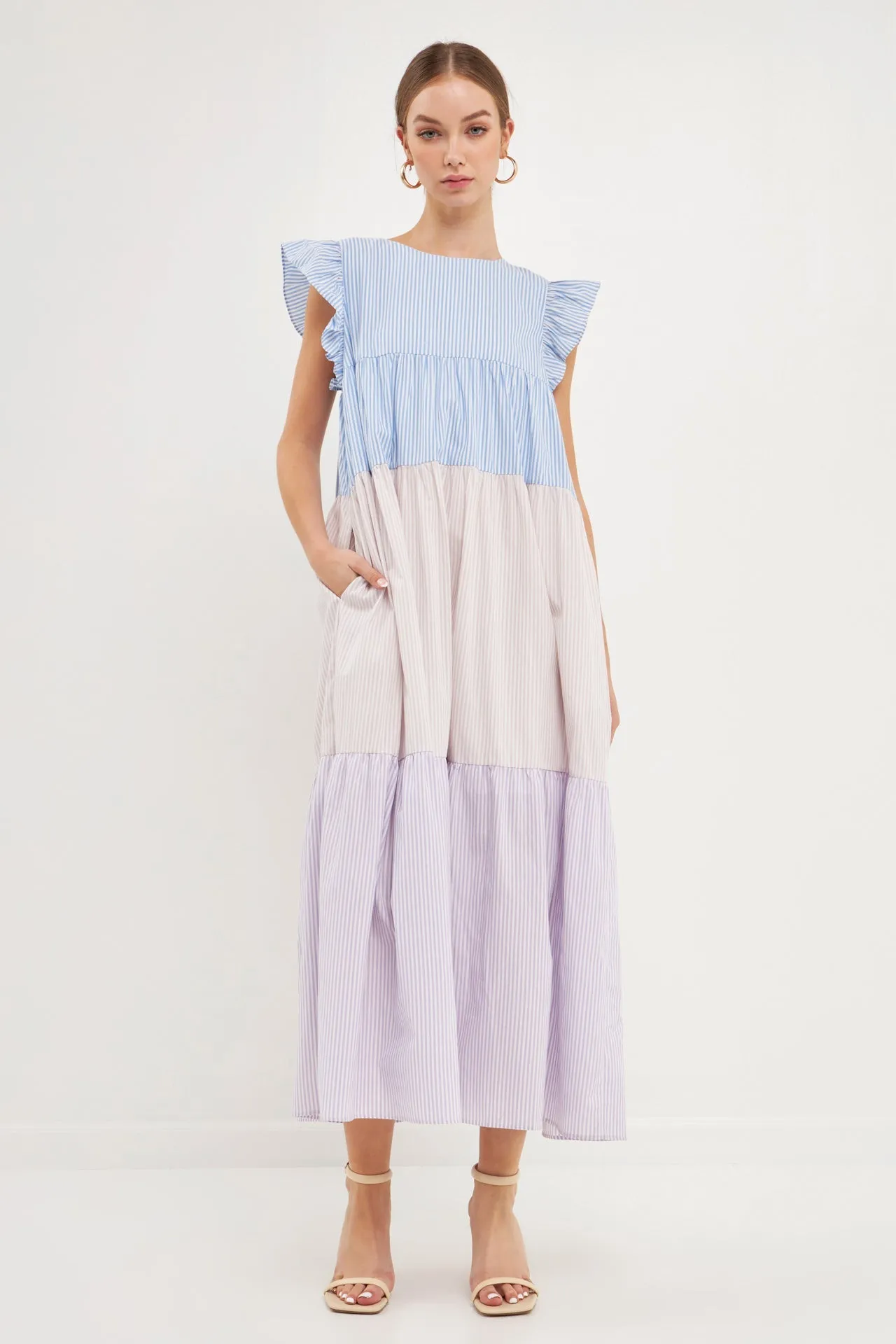 English Factory - Pinstriped Blocked Ruffled Maxi Dress