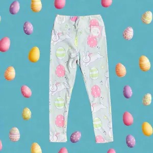 Girls Easter Bunny Leggings, Kids Yoga Pants, Sizes S/L, Yoga Waist, Gray/Pink, Exclusive Leggings