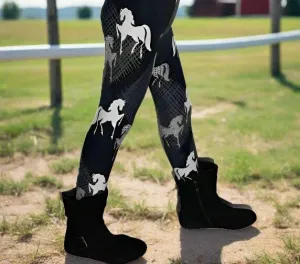 Girls Horse Leggings, Kids Yoga Pants, Sizes S/L, No-Roll Waist, Black/White