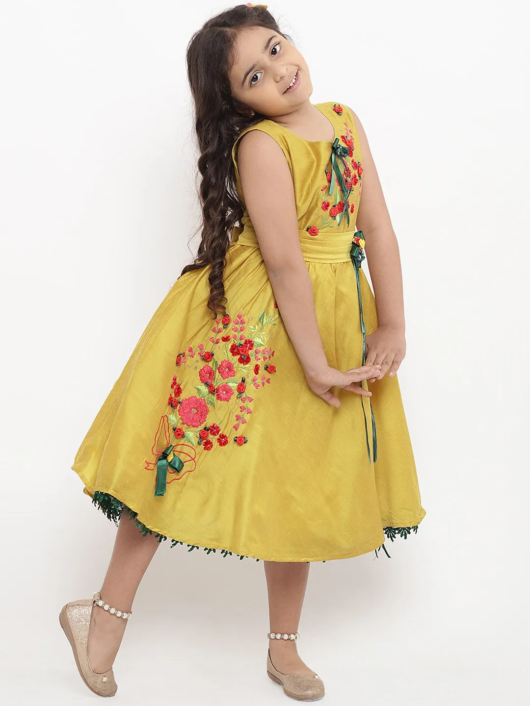 Girl's Yellow Embellished Fit And Flare Dress  - NOZ2TOZ KIDS