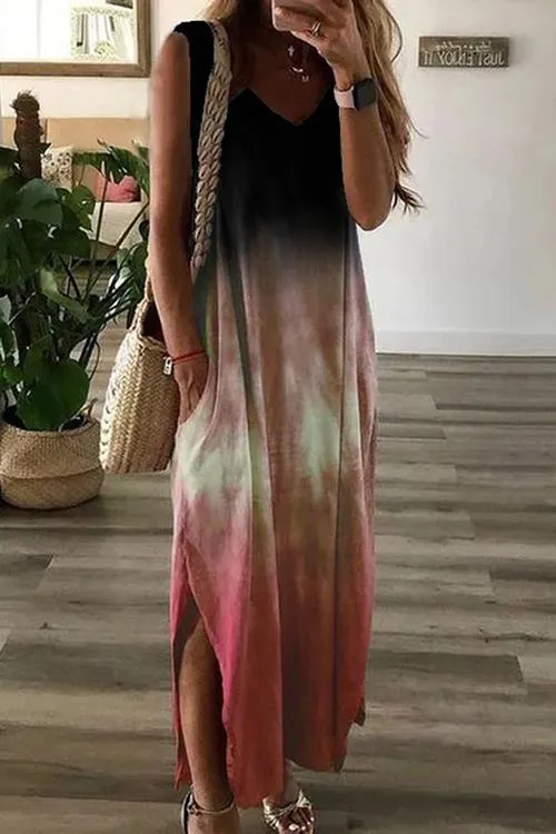 Gradient V Neck Pockets Slit Maxi Dress