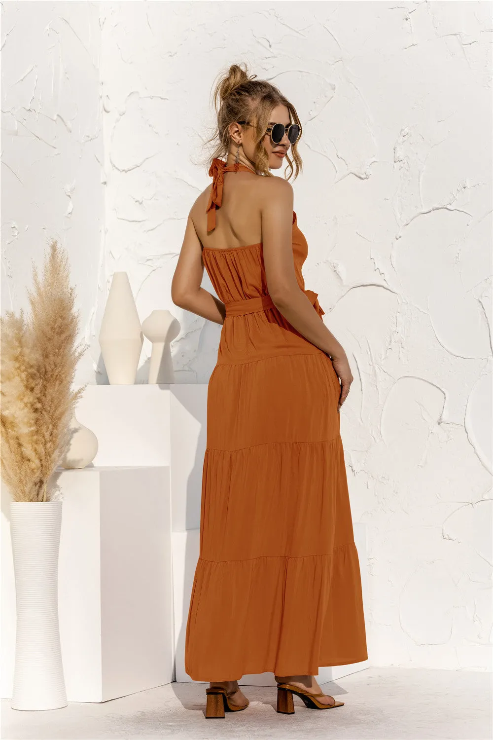 Halter Neck Tie Waist Tiered Maxi Dress