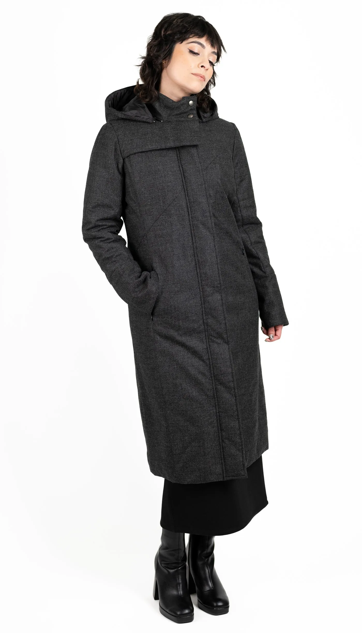 Hooded Mock Neck Zip Maxi Coat w/ Thinsulate Quilted Liner/ Charcoal Canvas Wool Texture