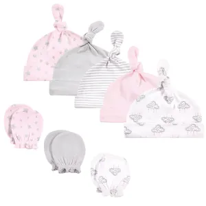 Hudson Baby Cotton Cap and Scratch Mitten Set, Cloud Mobile Pink