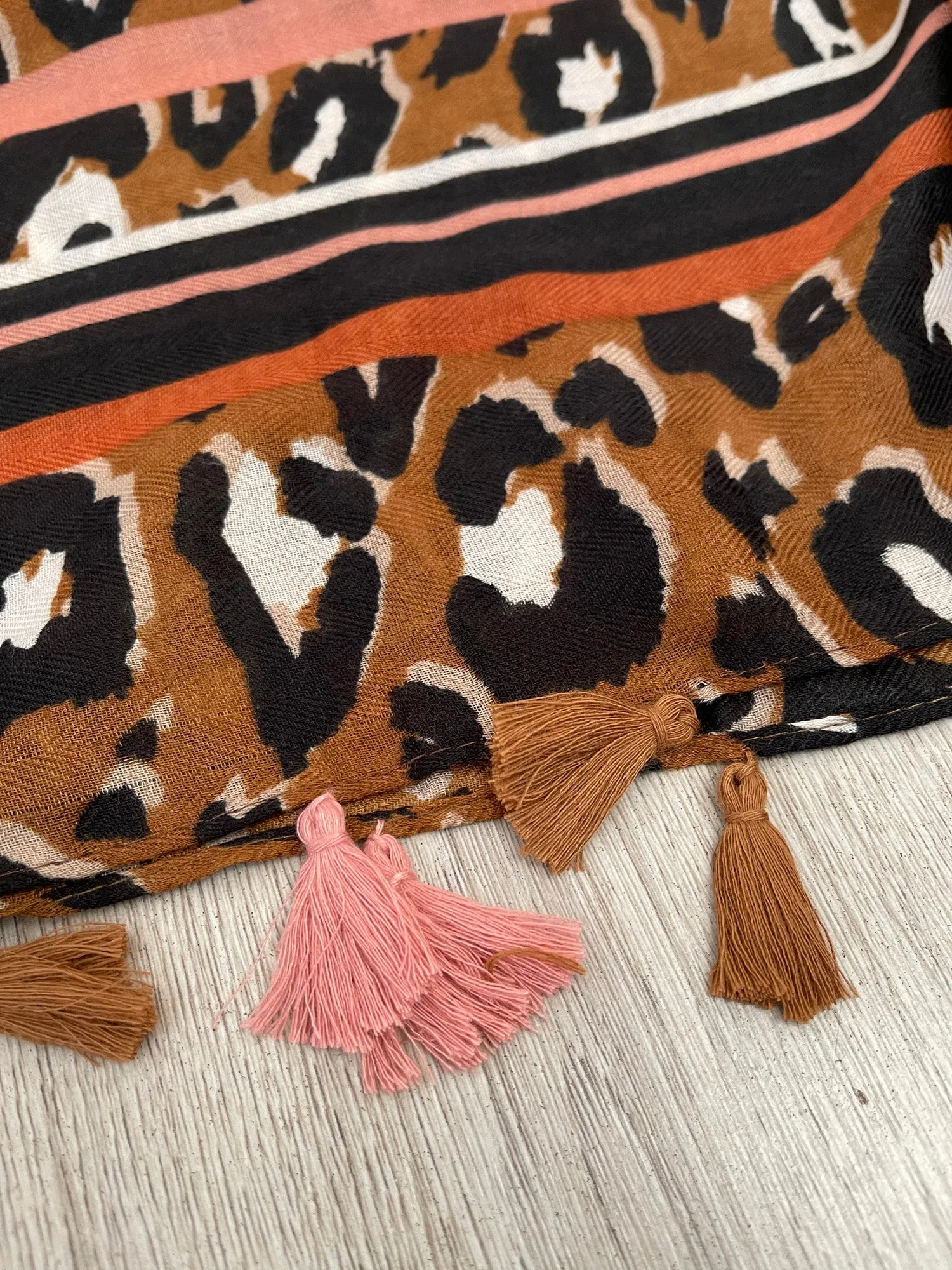 LARGE TAN BROWN TRIBAL LEOPARD PRINT SCARF WITH TASSELS