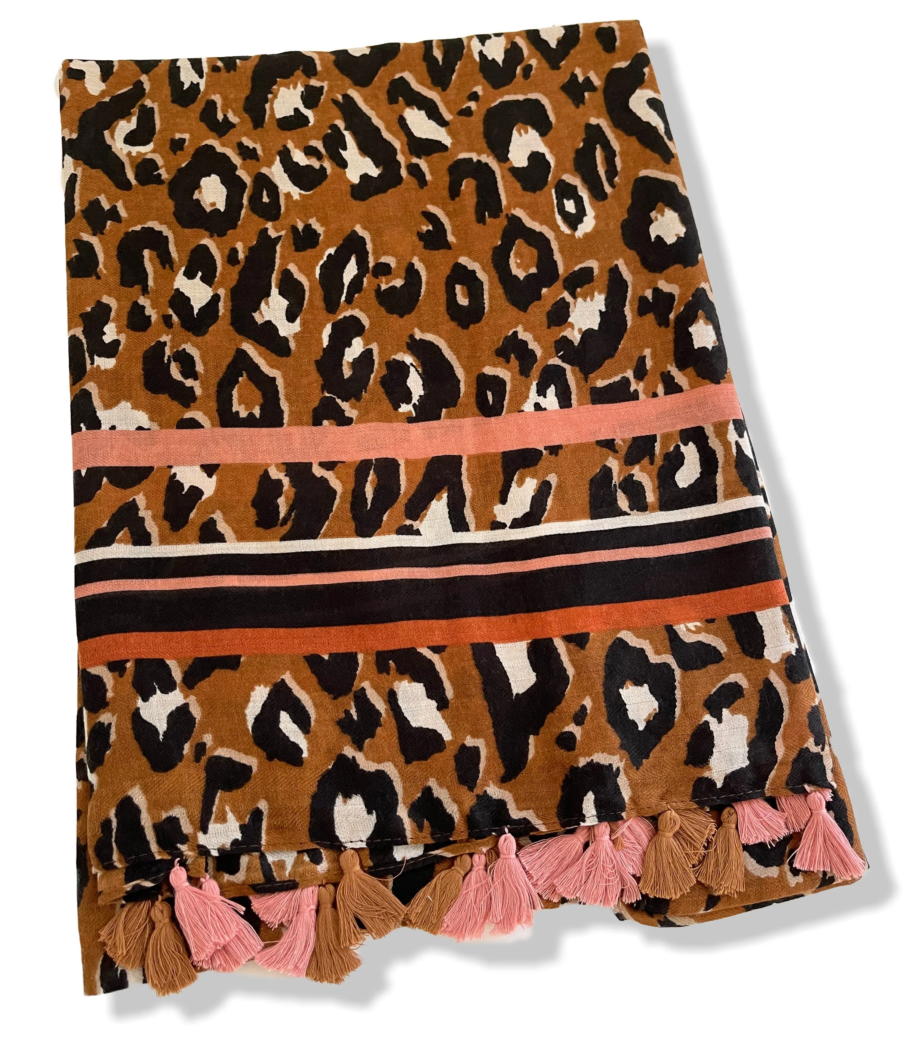 LARGE TAN BROWN TRIBAL LEOPARD PRINT SCARF WITH TASSELS