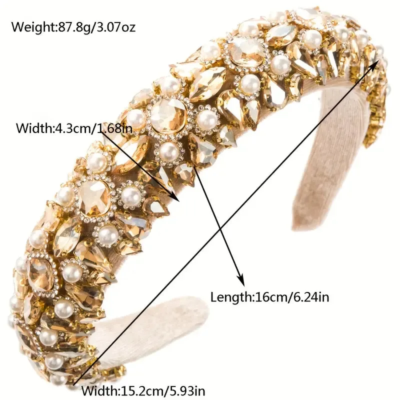 Luxurious Baroque Padded Velvet Rhinestone & Pearl  Ladies Women Headband - Champagne ((Style 3))