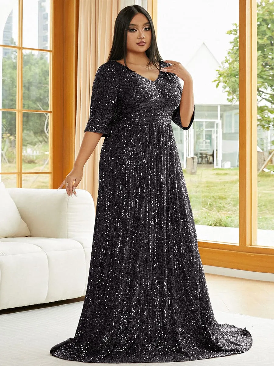 Plus Size V Neck Sequin Apricot Evening Dress PXJ2647