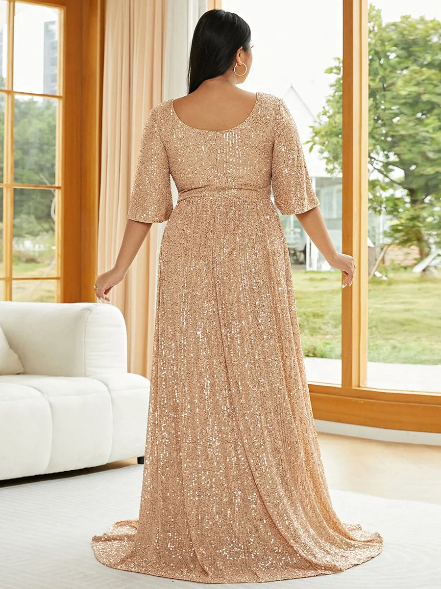 Plus Size V Neck Sequin Apricot Evening Dress PXJ2647