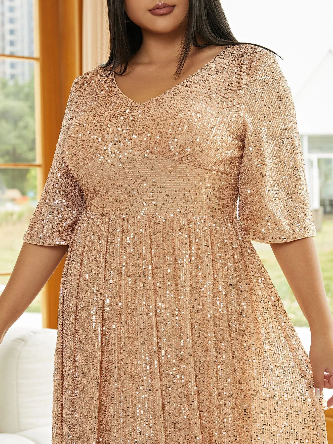 Plus Size V Neck Sequin Apricot Evening Dress PXJ2647