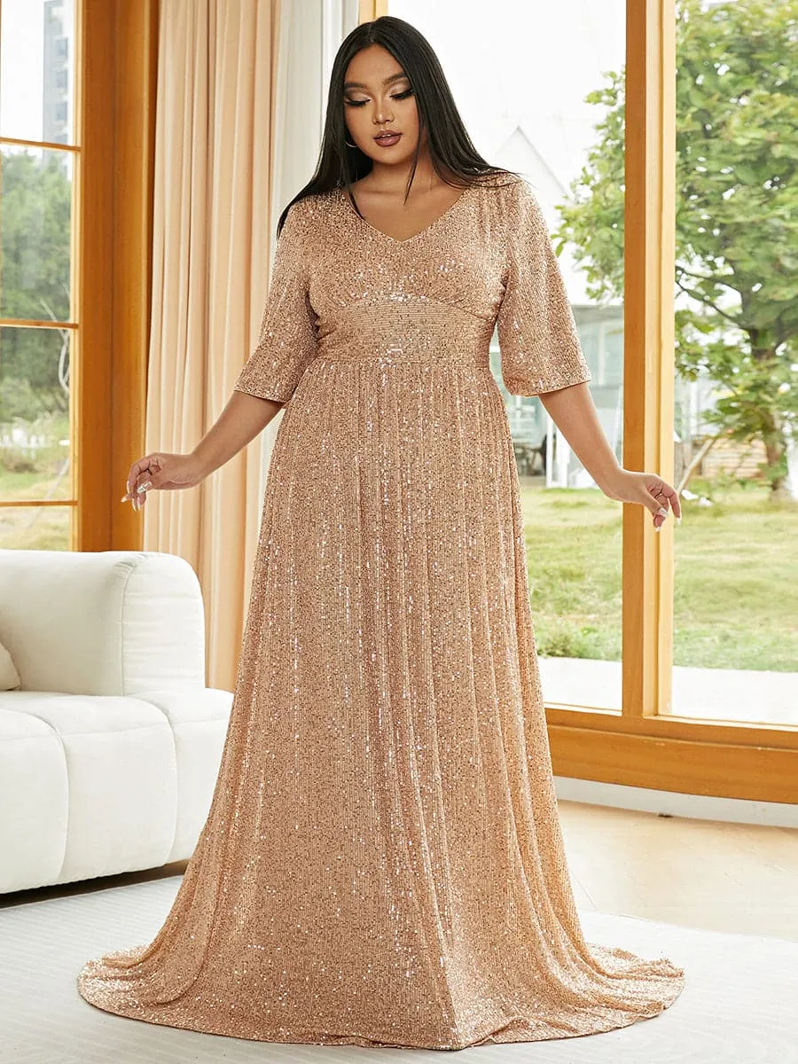 Plus Size V Neck Sequin Apricot Evening Dress PXJ2647