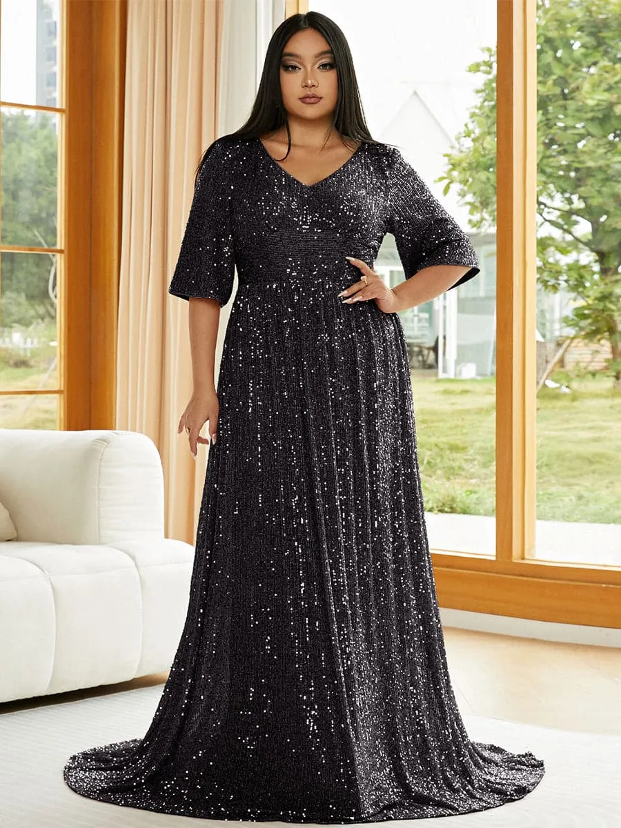 Plus Size V Neck Sequin Apricot Evening Dress PXJ2647