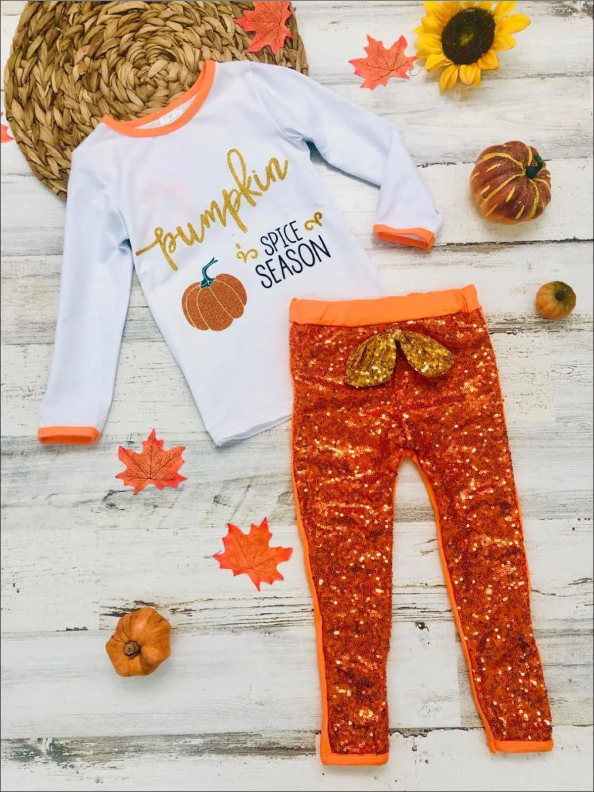 Pumpkin Spice Season Top And Bow Sequin Legging Set