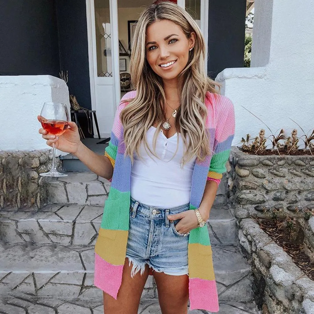 Rainbow Long Sleeves Color Block Knitted Cardigan Sweaters