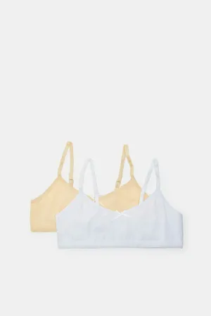 Senior Girls Pink And Yellow Plain Soft Bra (2 Piece)