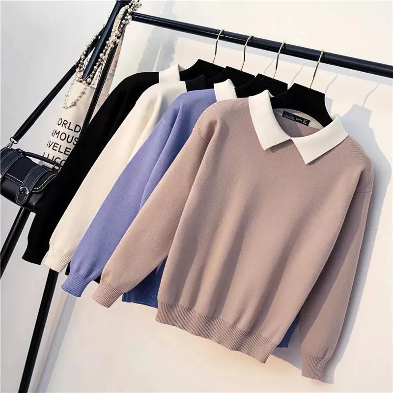 Slim Fit Turn-Down Collar Knitted Long Sleeve Sweaters