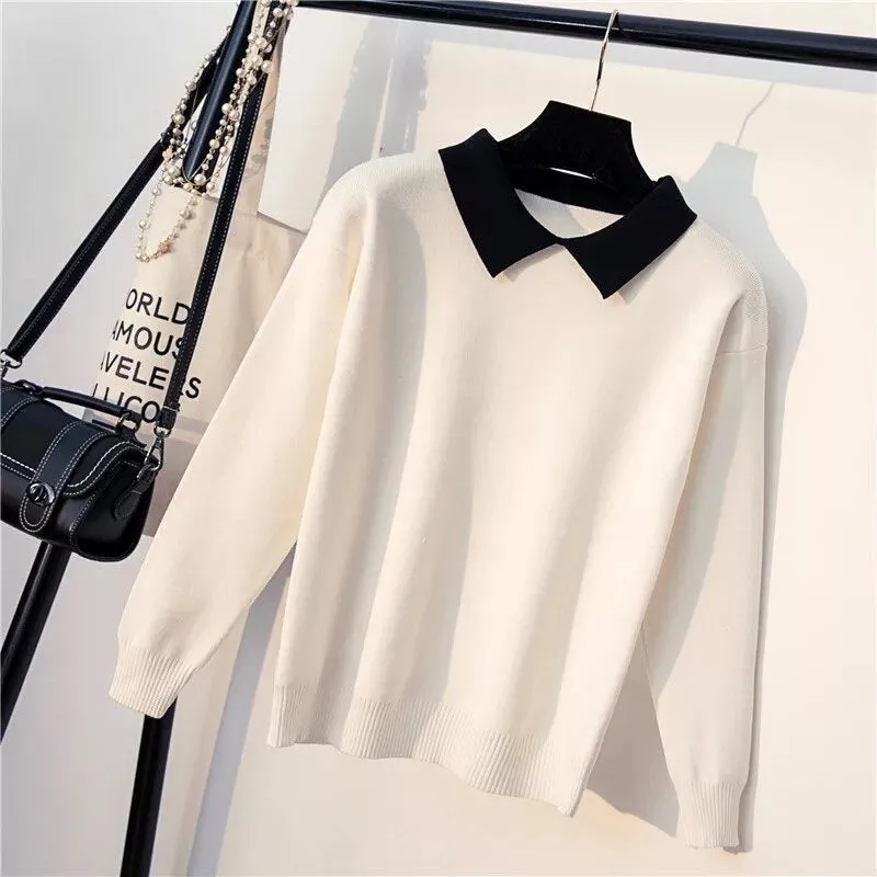 Slim Fit Turn-Down Collar Knitted Long Sleeve Sweaters