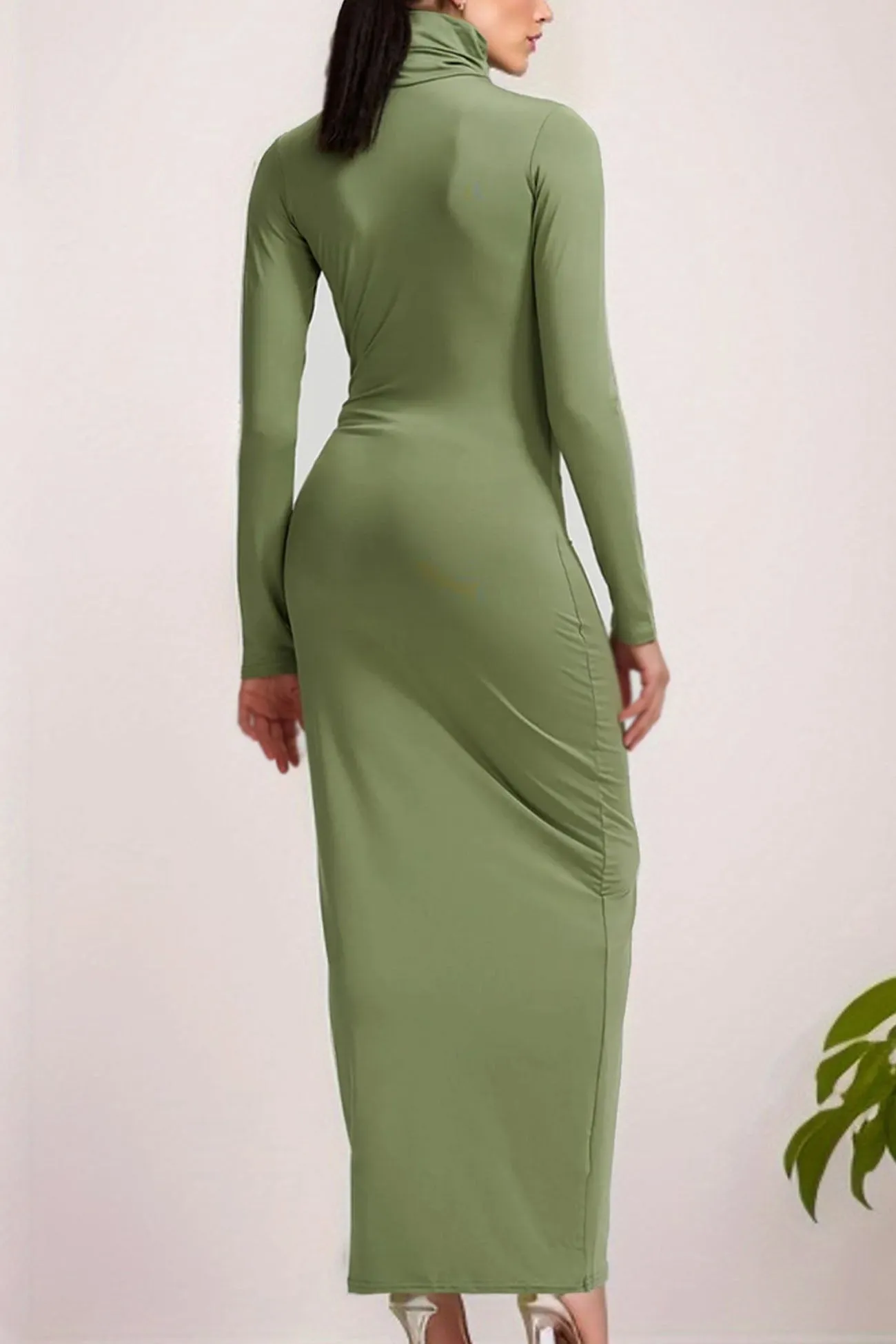 Solid Color Turtleneck Long Sleeve Bodycon Dress