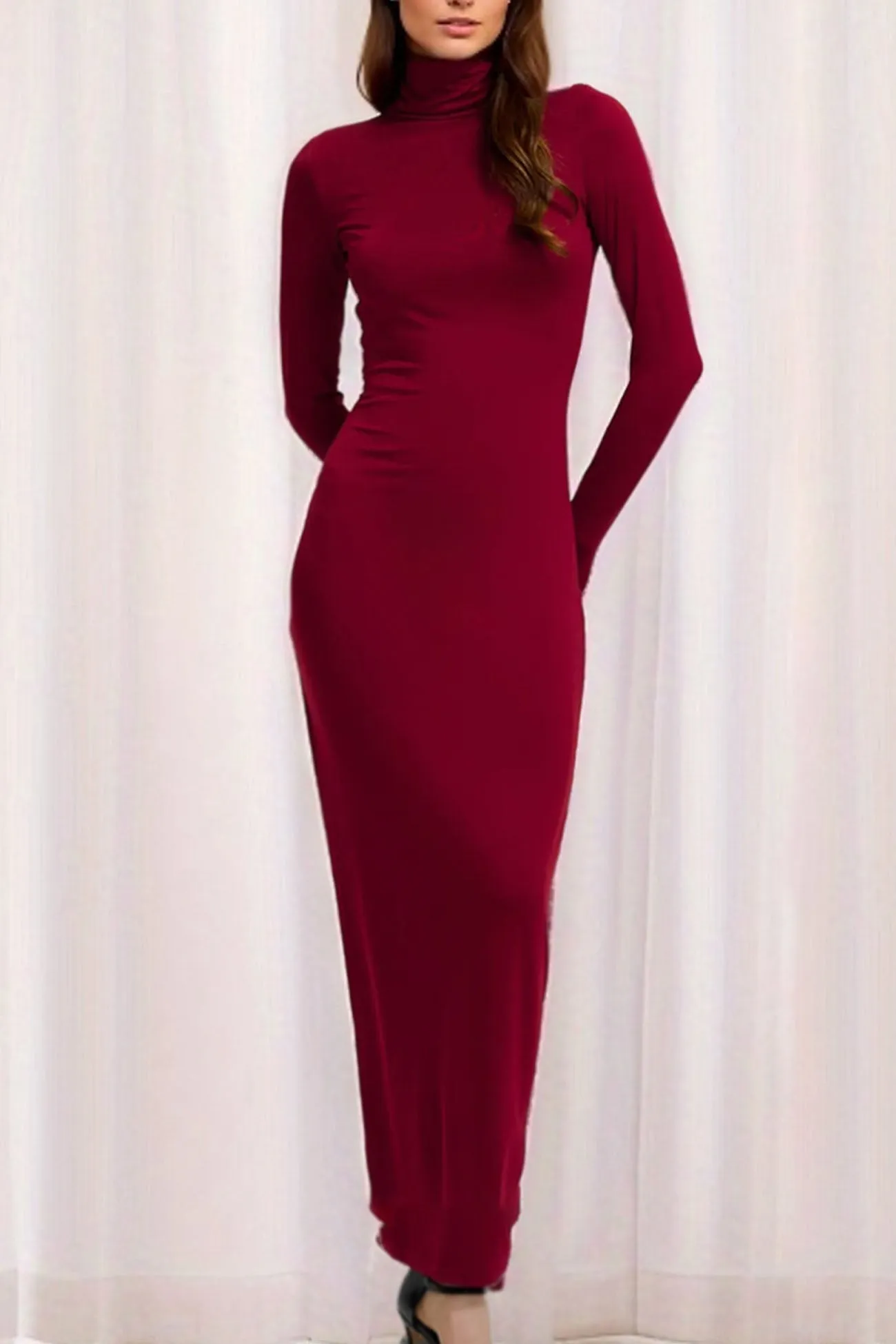 Solid Color Turtleneck Long Sleeve Bodycon Dress